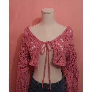🌸 Storia Pink Crochet Knit Tie-Front Cardigan – Size Medium 🌸